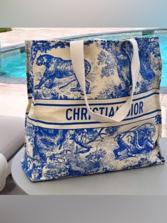 Dior Handbags - Christian Dior Blue Beige Straw Tote. The perfect beach bag!
